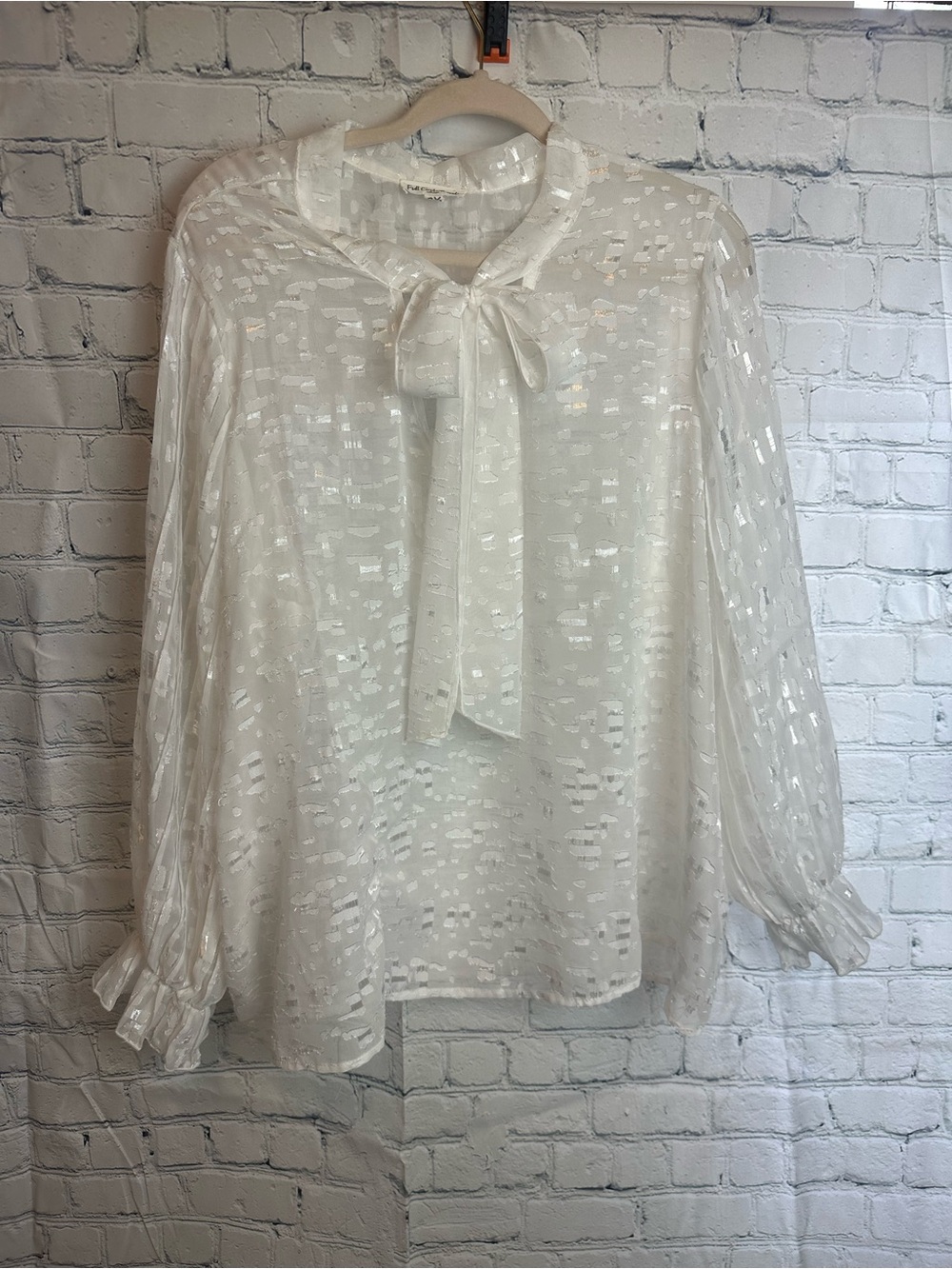 White Sheer Bow-Neck Long Sleeve Blouse